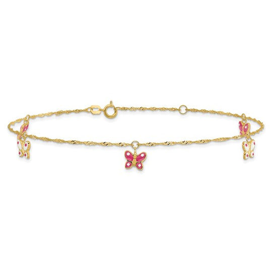 14K Yellow Gold Enameled Butterfly Anklet 9 Inch + 1 Inch Extension
