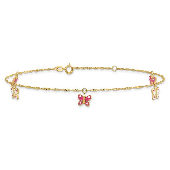 Tobillera de Oro Amarillo 14K con Mariposa Esmaltada de 9 Pulgadas + 1 Pulgada de Extensión