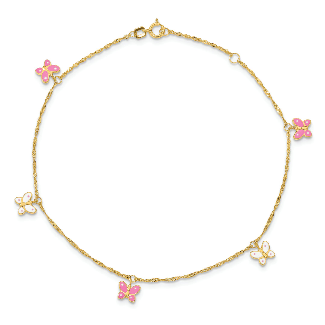Tobillera de Oro Amarillo 14K con Mariposa Esmaltada de 9 Pulgadas + 1 Pulgada de Extensión