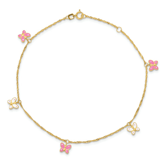 14K Yellow Gold Enameled Butterfly Anklet 9 Inch + 1 Inch Extension