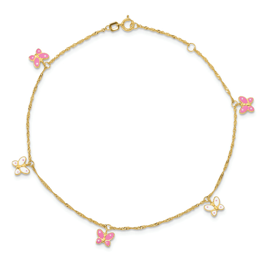 Tobillera de Oro Amarillo 14K con Mariposa Esmaltada de 9 Pulgadas + 1 Pulgada de Extensión