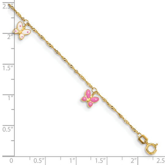 14K Yellow Gold Enameled Butterfly Anklet 9 Inch + 1 Inch Extension