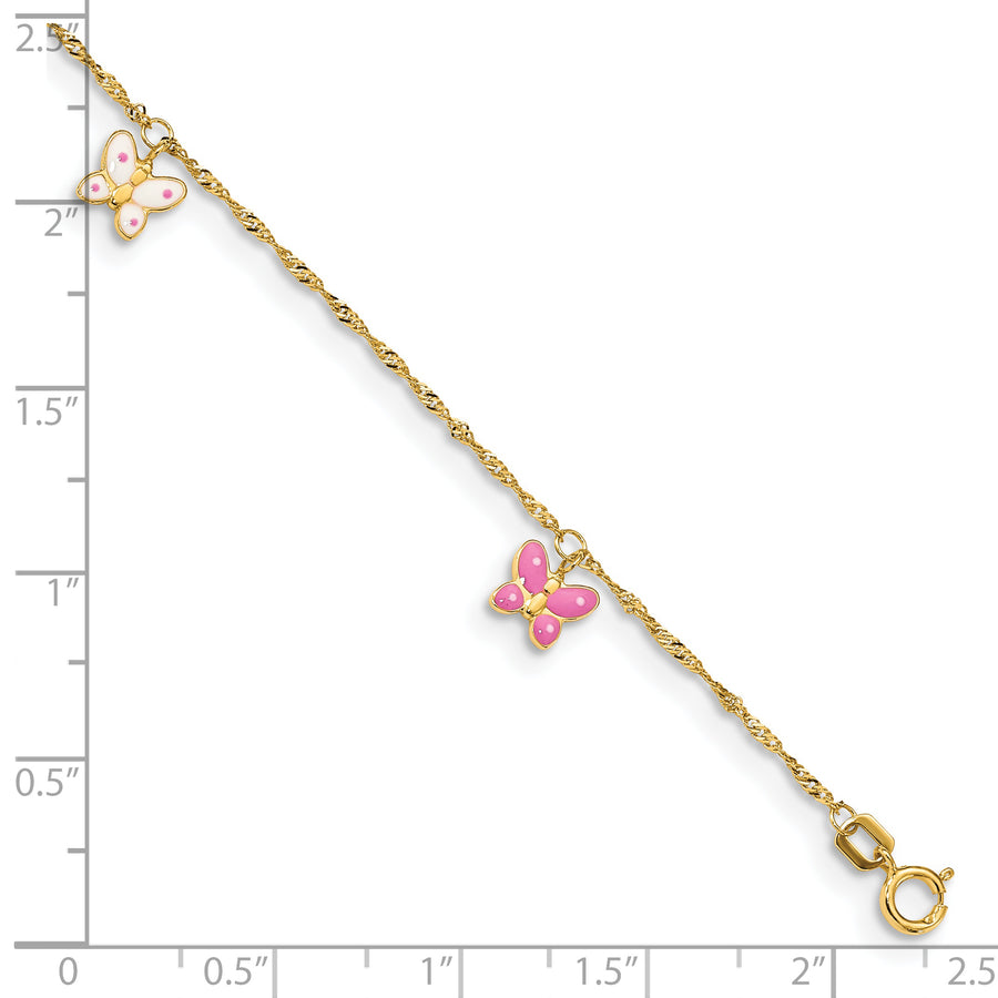Tobillera de Oro Amarillo 14K con Mariposa Esmaltada de 9 Pulgadas + 1 Pulgada de Extensión
