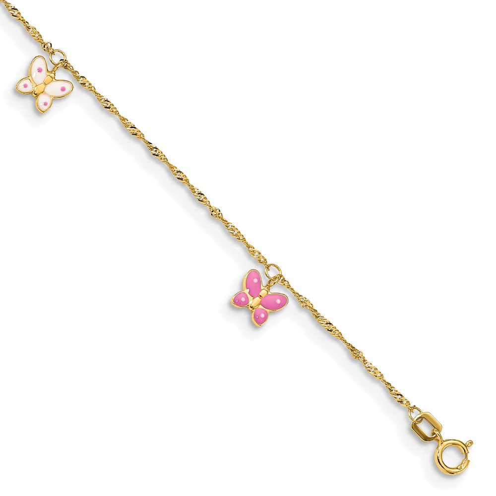 Tobillera de Oro Amarillo 14K con Mariposa Esmaltada de 9 Pulgadas + 1 Pulgada de Extensión