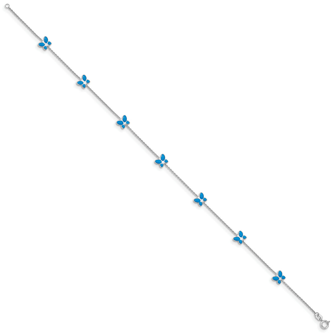 Tobillera de Oro Blanco de 14K con Mariposa Esmaltada Azul de 10 Pulgadas