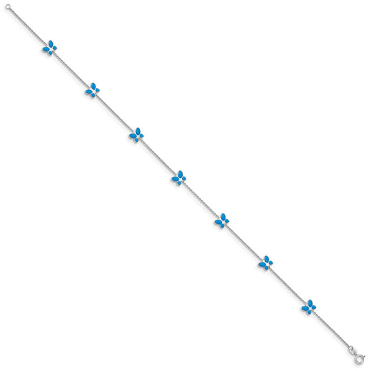 Tobillera de Oro Blanco de 14K con Mariposa Esmaltada Azul de 10 Pulgadas