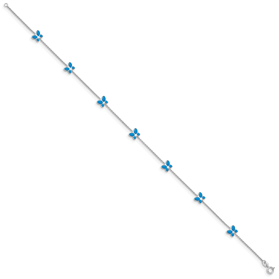 Tobillera de Oro Blanco de 14K con Mariposa Esmaltada Azul de 10 Pulgadas