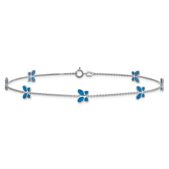 Tobillera de Oro Blanco de 14K con Mariposa Esmaltada Azul de 10 Pulgadas