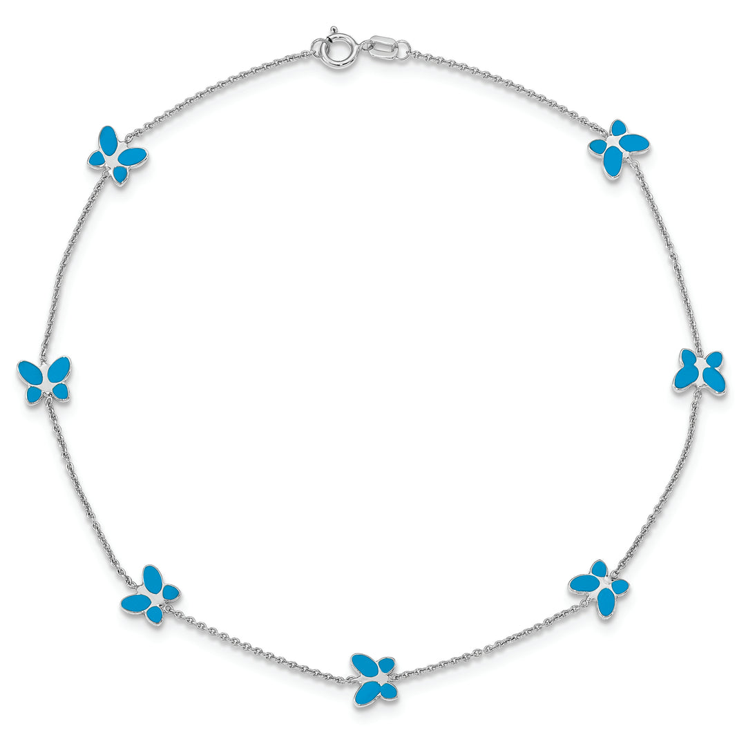 Tobillera de Oro Blanco de 14K con Mariposa Esmaltada Azul de 10 Pulgadas