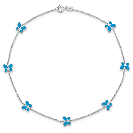 Tobillera de Oro Blanco de 14K con Mariposa Esmaltada Azul de 10 Pulgadas