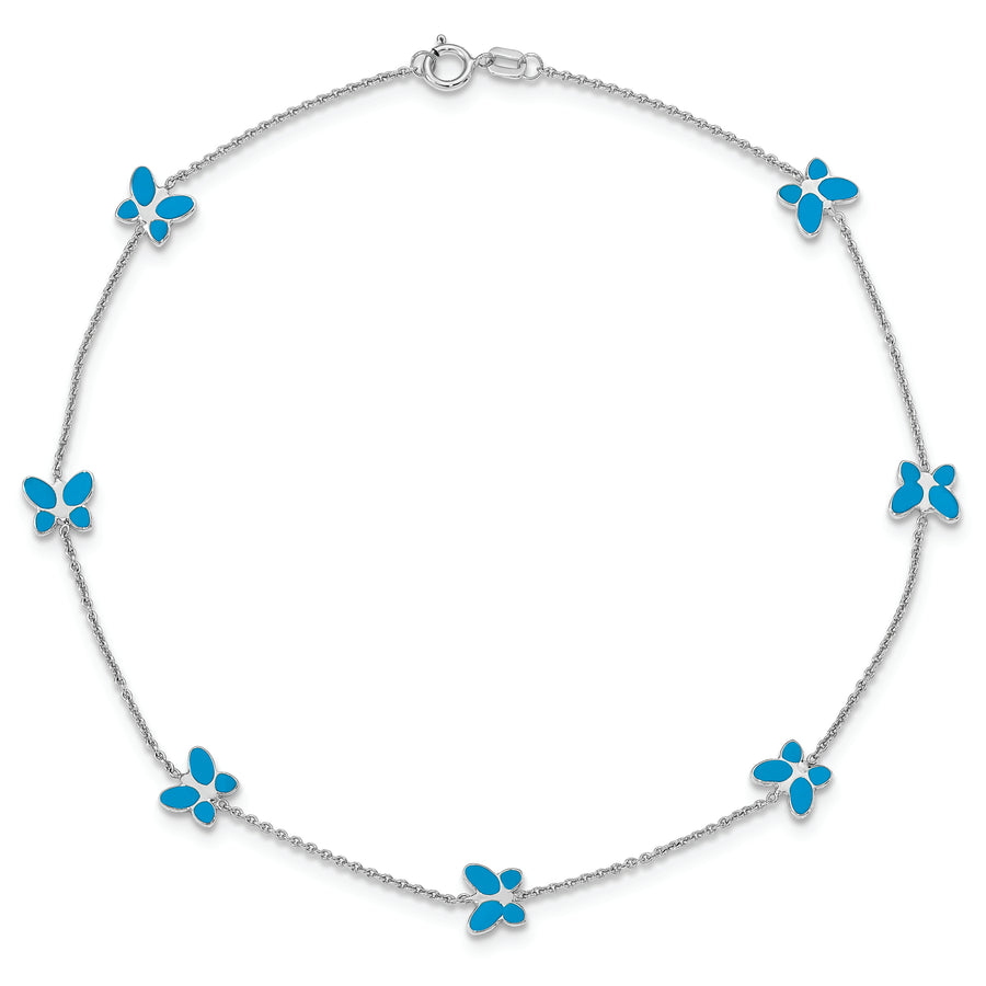 Tobillera de Oro Blanco de 14K con Mariposa Esmaltada Azul de 10 Pulgadas