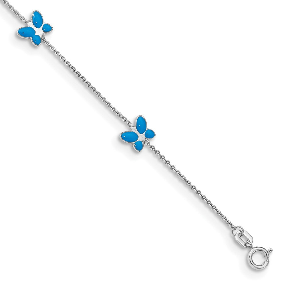 Tobillera de Oro Blanco de 14K con Mariposa Esmaltada Azul de 10 Pulgadas