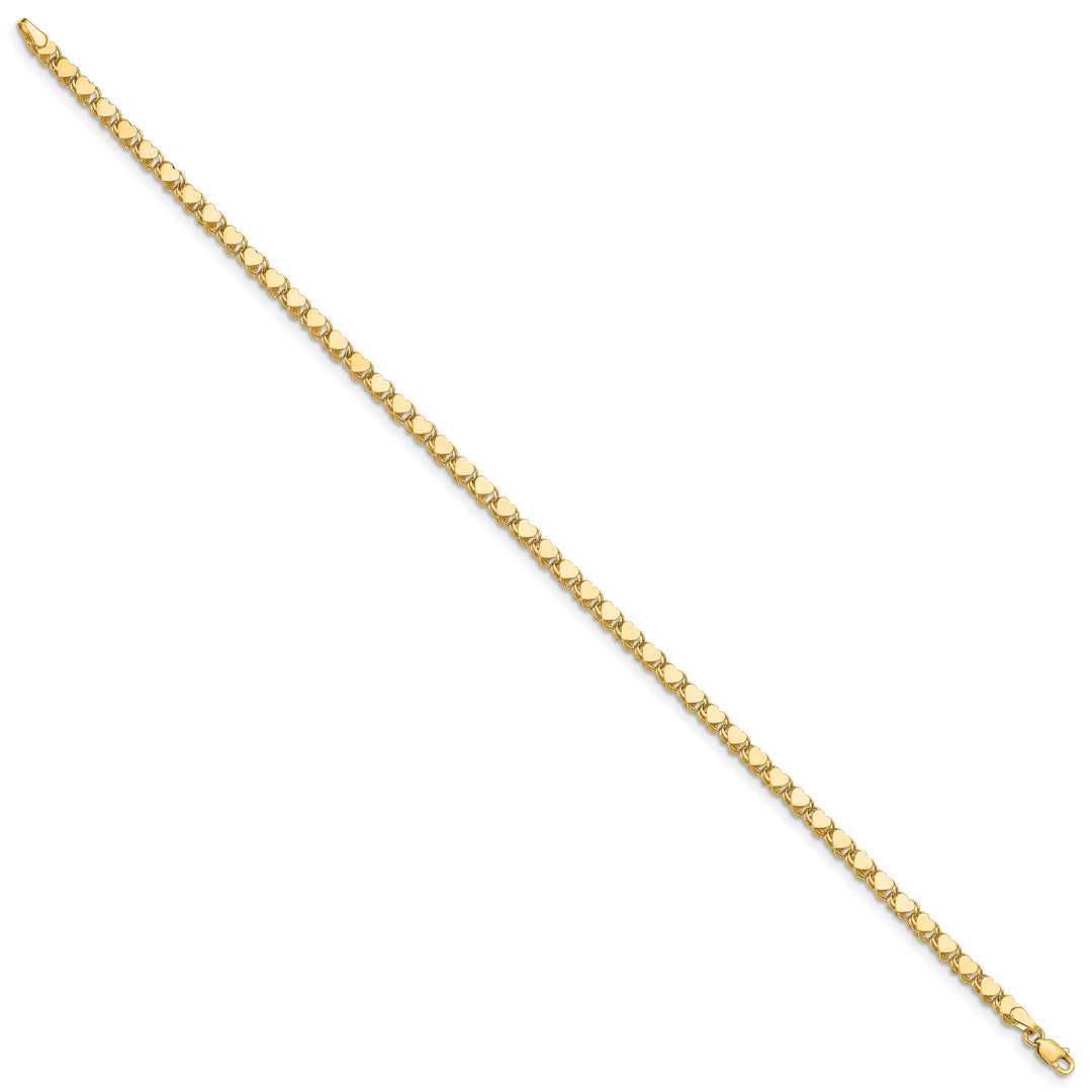 Tobillera de Oro Amarillo de 14K con Corazón Doble Lado Pulido de 10 Pulgadas