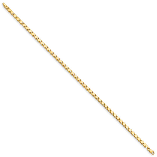 Tobillera de Oro Amarillo de 14K con Corazón Doble Lado Pulido de 10 Pulgadas