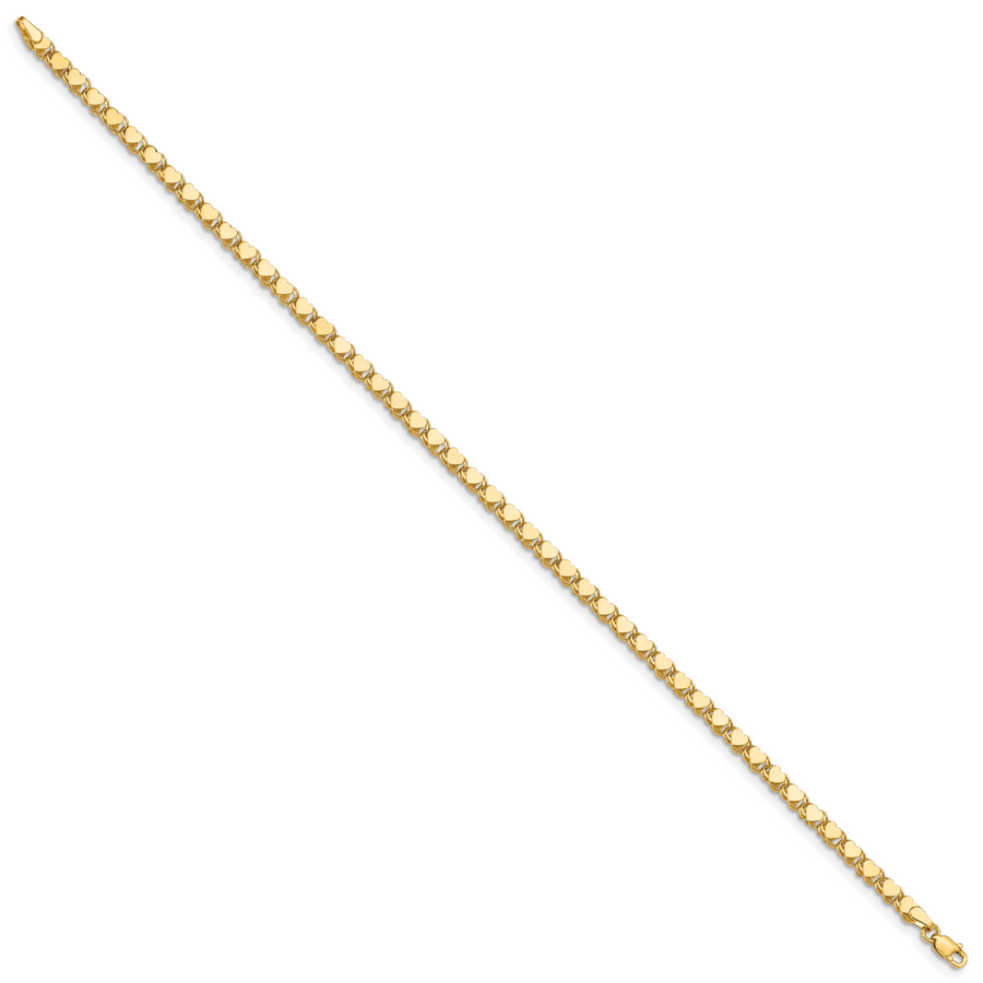 Tobillera de Oro Amarillo de 14K con Corazón Doble Lado Pulido de 10 Pulgadas