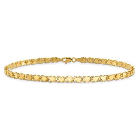 Tobillera de Oro Amarillo de 14K con Corazón Doble Lado Pulido de 10 Pulgadas
