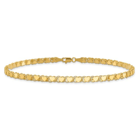Tobillera de Oro Amarillo de 14K con Corazón Doble Lado Pulido de 10 Pulgadas