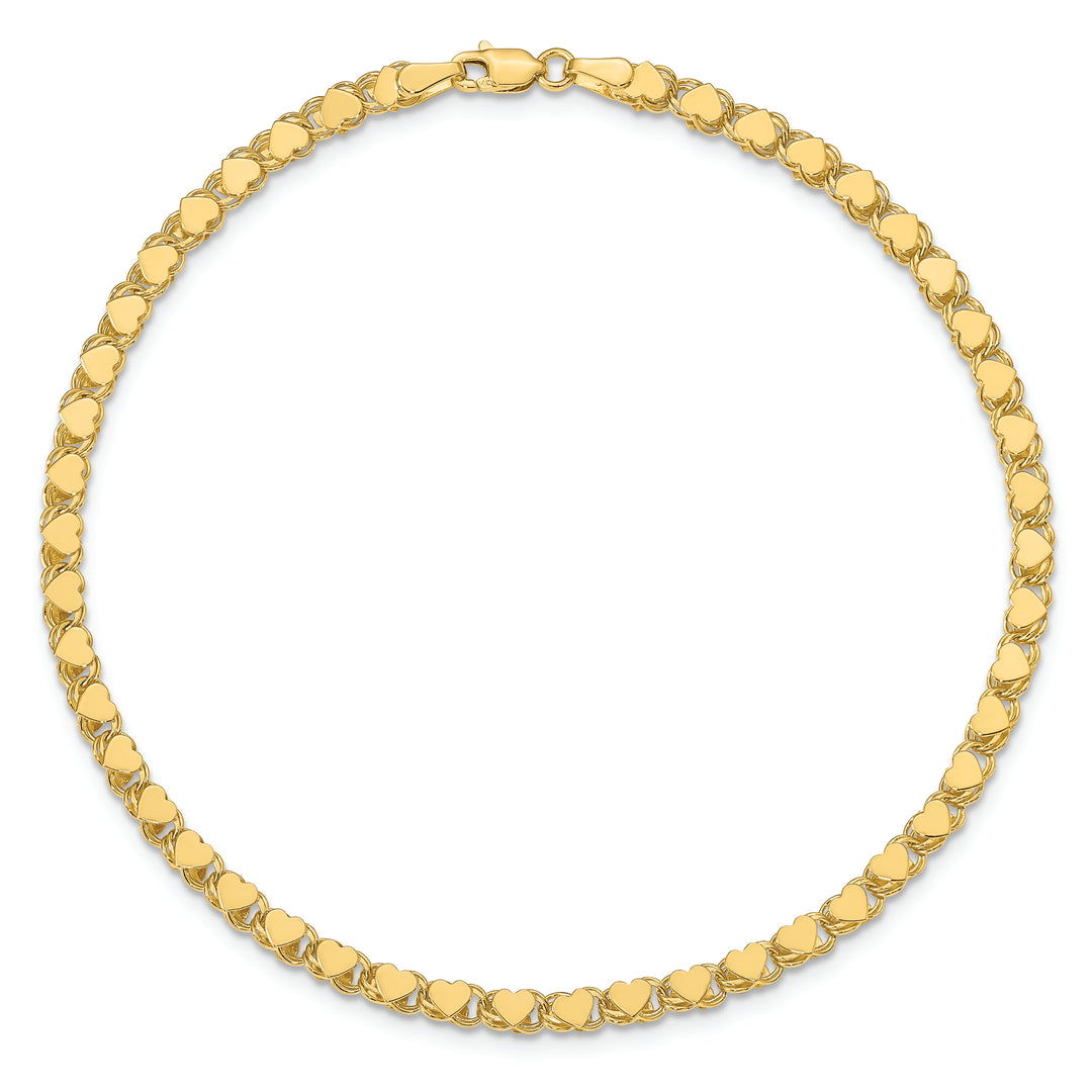 Tobillera de Oro Amarillo de 14K con Corazón Doble Lado Pulido de 10 Pulgadas