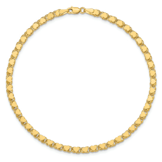Tobillera de Oro Amarillo de 14K con Corazón Doble Lado Pulido de 10 Pulgadas