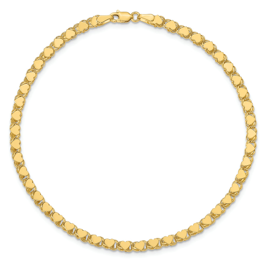 Tobillera de Oro Amarillo de 14K con Corazón Doble Lado Pulido de 10 Pulgadas