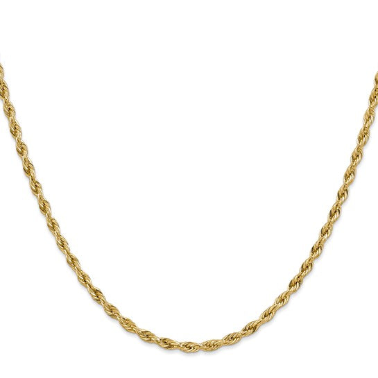 Cadena de Cuerda Semi-Sólida de Oro Amarillo de 14K, 28 Pulgadas, 3 mm con Broche Tipo Langosta