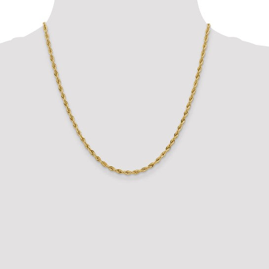  Cadena de Cuerda Semisólida de 3 mm en Oro Amarillo de 14k – 20 Pulgadas con Broche Langosta