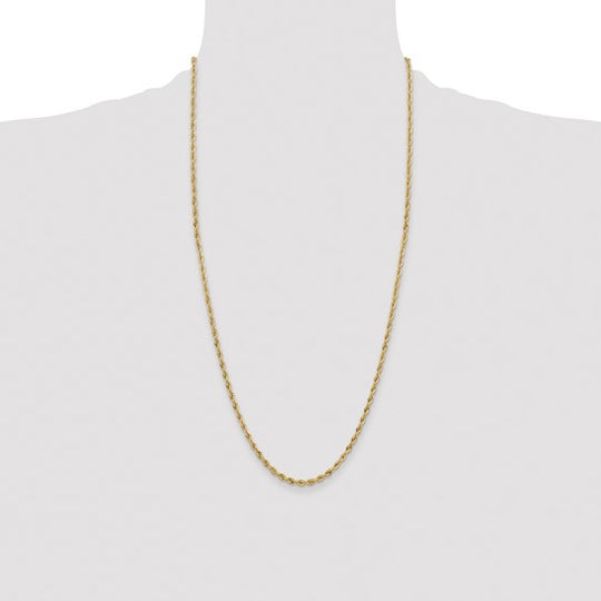 14K Yellow Gold Semi-Solid Rope Chain, 28 Inches, 3mm with Lobster Clasp