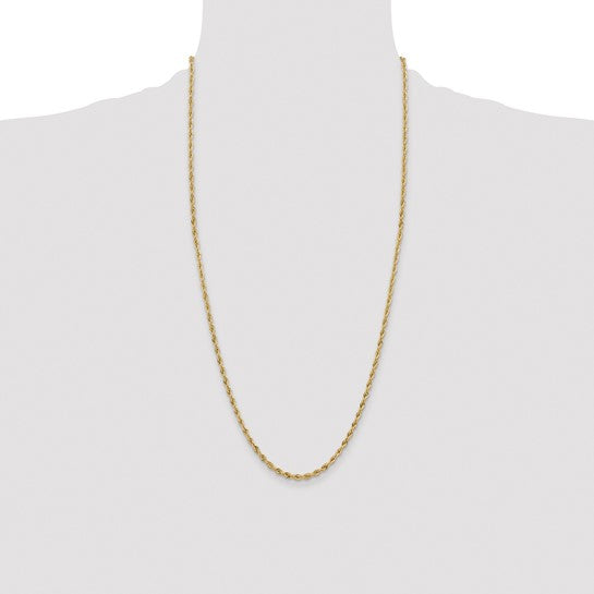 Cadena de Cuerda Semi-Sólida de Oro Amarillo de 14K, 28 Pulgadas, 3 mm con Broche Tipo Langosta
