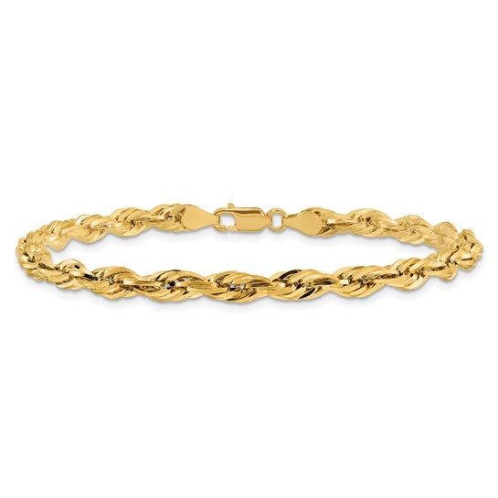 Pulsera de Cuerda Semi Sólida en Oro Amarillo de 14K, 7 Pulgadas y 4.75 mm con Cierre de Langosta