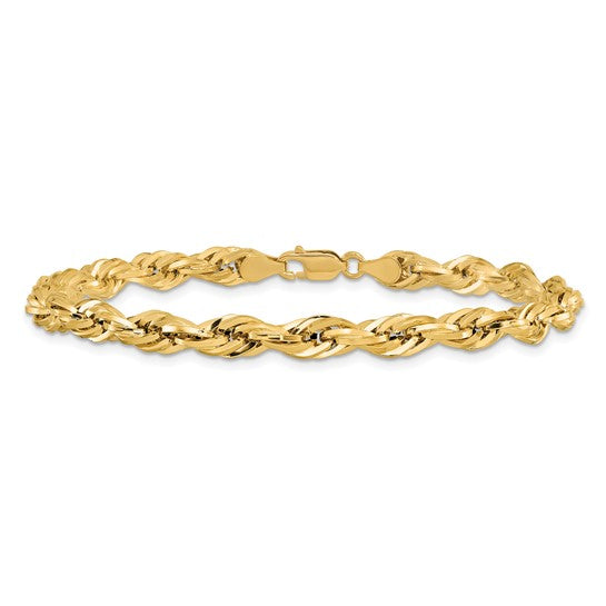 14K Yellow Gold Semi-Solid Rope Bracelet, 7 Inches, 5.4 mm with Lobster Clasp