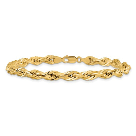 14K Yellow Gold Semi-Solid Rope Bracelet, 7 Inches, 5.4 mm with Lobster Clasp
