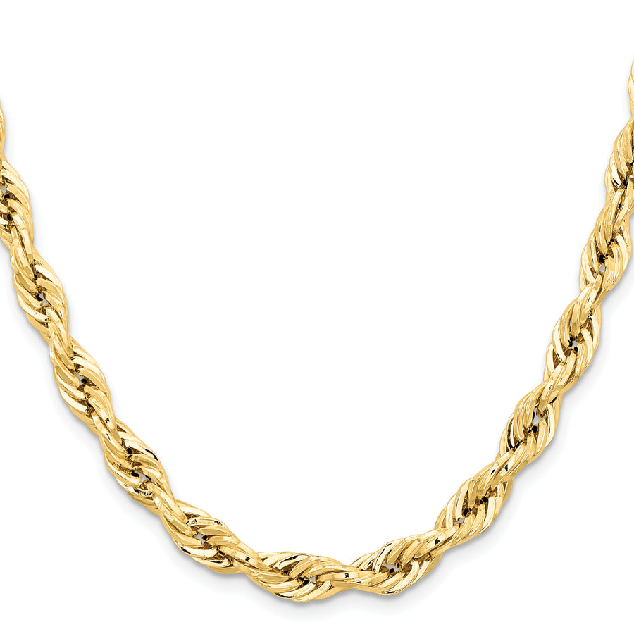 Cadena de Cuerda Semi-Sólida de Oro Amarillo de 14K, 22 pulgadas, 7 mm con Cierre de Langosta