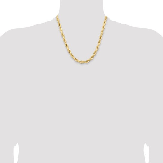 14K Yellow Gold Semi-Solid Rope Chain, 20 Inches, 7 mm with Lobster Clasp
