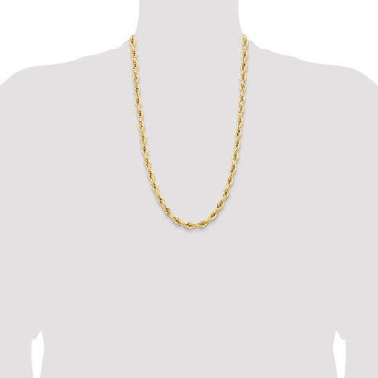 14K Yellow Gold Semi-Solid Rope Chain, 26 inches, 7mm with Lobster Clasp