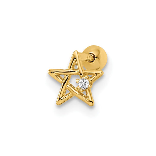 Barra Labret con Estrella y Circonita Cúbica, Calibre 18 en Oro de 14K