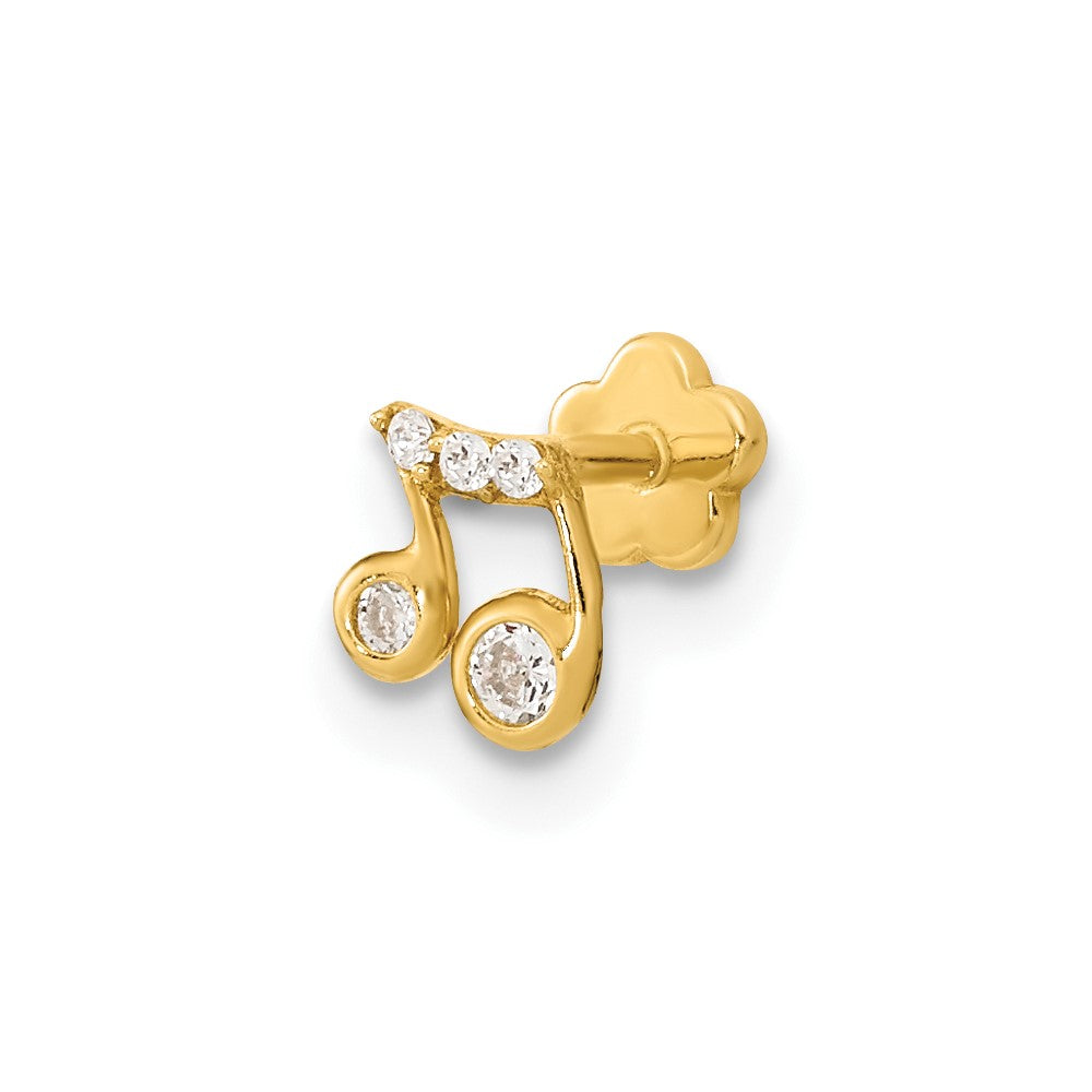Musical Note Cartilage Body Jewelry with Cubic Zirconia, 18 Gauge in 14K Gold