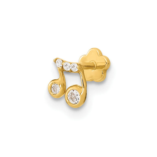 Musical Note Cartilage Body Jewelry with Cubic Zirconia, 18 Gauge in 14K Gold