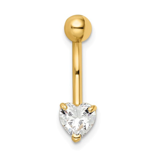 Heart-Shaped Cubic Zirconia Belly Button Ring, 14 Gauge in 14K Gold