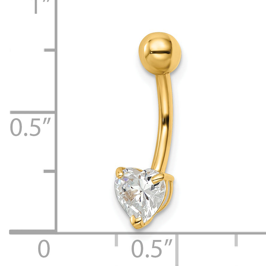 Heart-Shaped Cubic Zirconia Belly Button Ring, 14 Gauge in 14K Gold