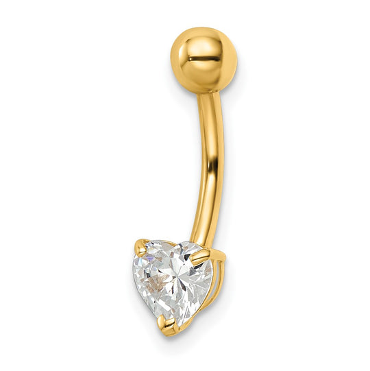 Heart-Shaped Cubic Zirconia Belly Button Ring, 14 Gauge in 14K Gold