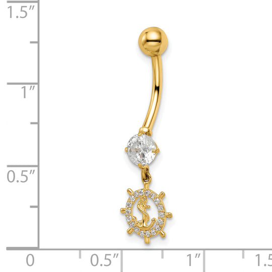 Anchor and Rudder Belly Button Ring with Cubic Zirconia, 14 Gauge in 14K Gold