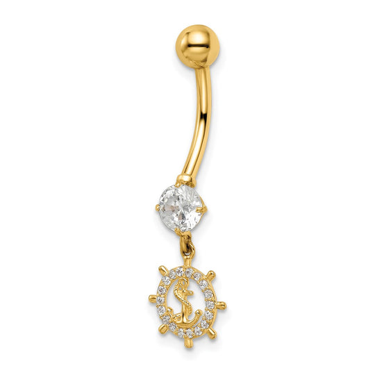 Anchor and Rudder Belly Button Ring with Cubic Zirconia, 14 Gauge in 14K Gold