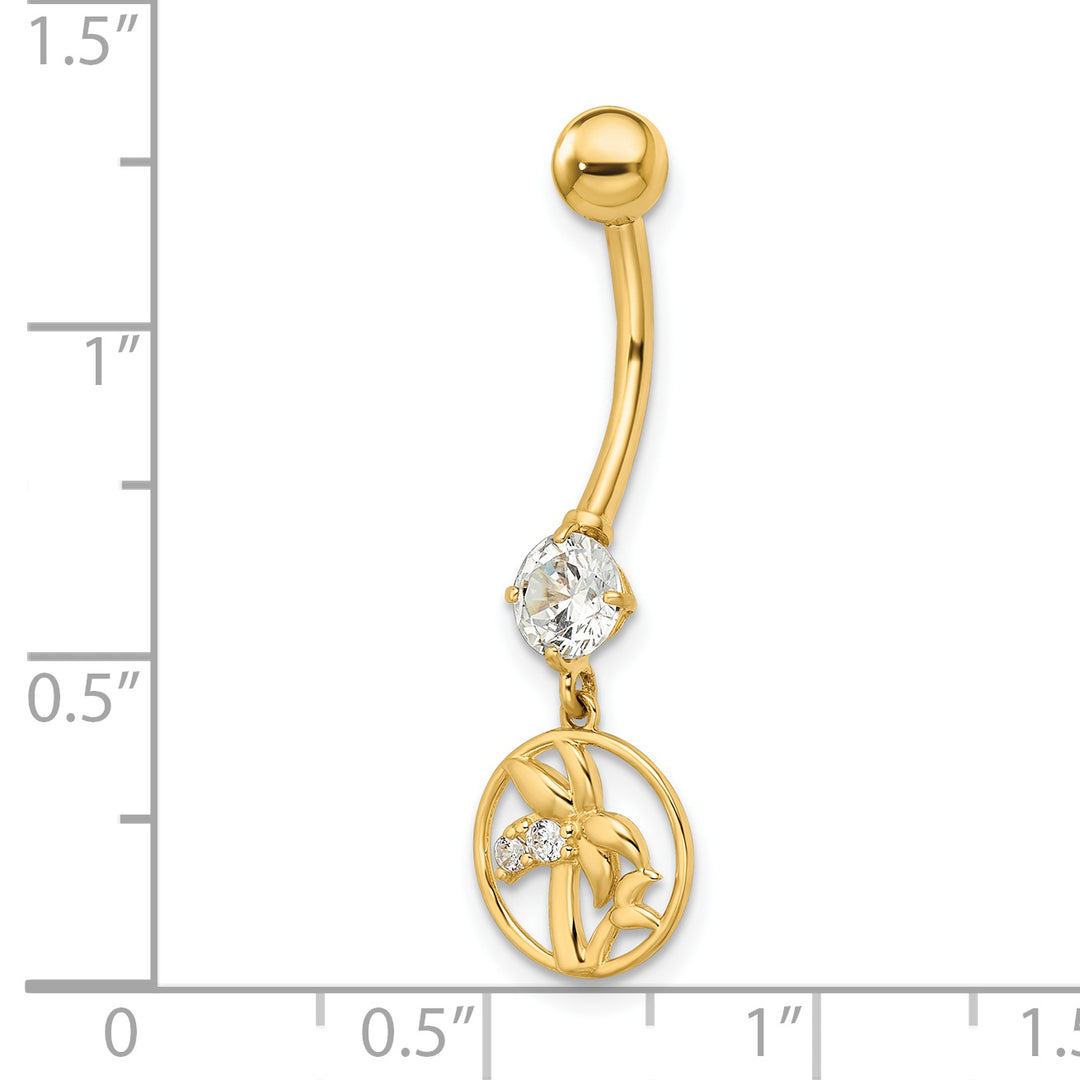 14k Gold 14 Gauge Palm Tree Cubic Zirconia Belly Button Ring
