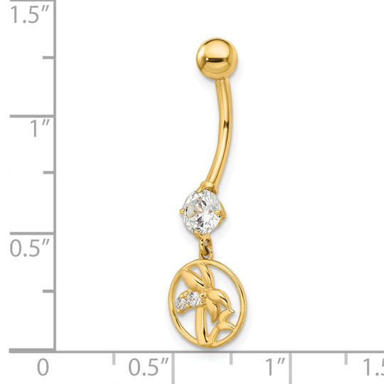 14k Gold 14 Gauge Palm Tree Cubic Zirconia Belly Button Ring