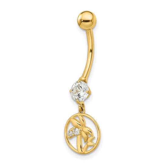 14k Gold 14 Gauge Palm Tree Cubic Zirconia Belly Button Ring
