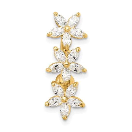 14k Gold Plated Belly Button Ring with 3 CZ Flowers