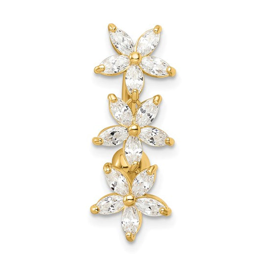 14k Gold Plated Belly Button Ring with 3 CZ Flowers