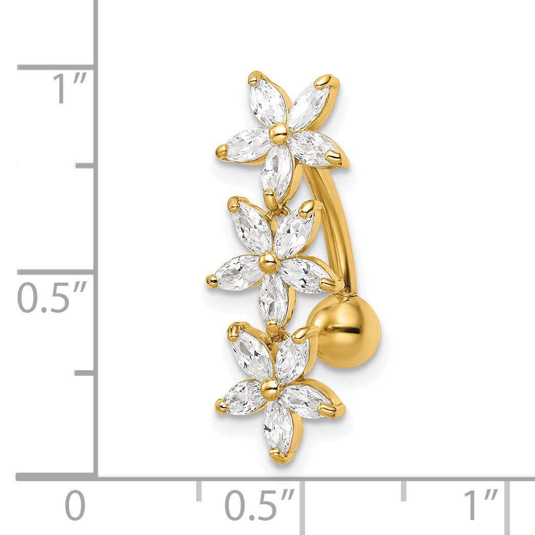 14k Gold Plated Belly Button Ring with 3 CZ Flowers