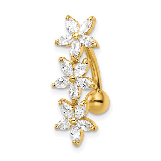14k Gold Plated Belly Button Ring with 3 CZ Flowers