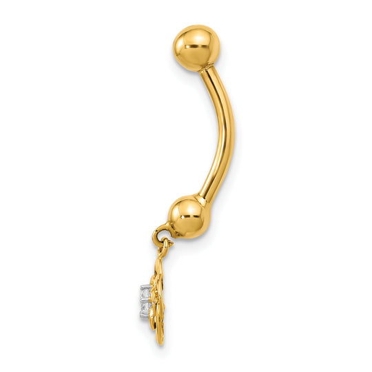 14k Gold Dangle Flower Belly Button Ring, 14 Gauge